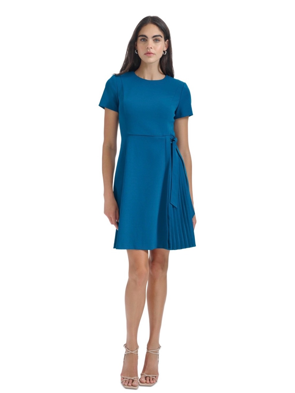 Teal Short-Sleeve Pleated Wrap Dress